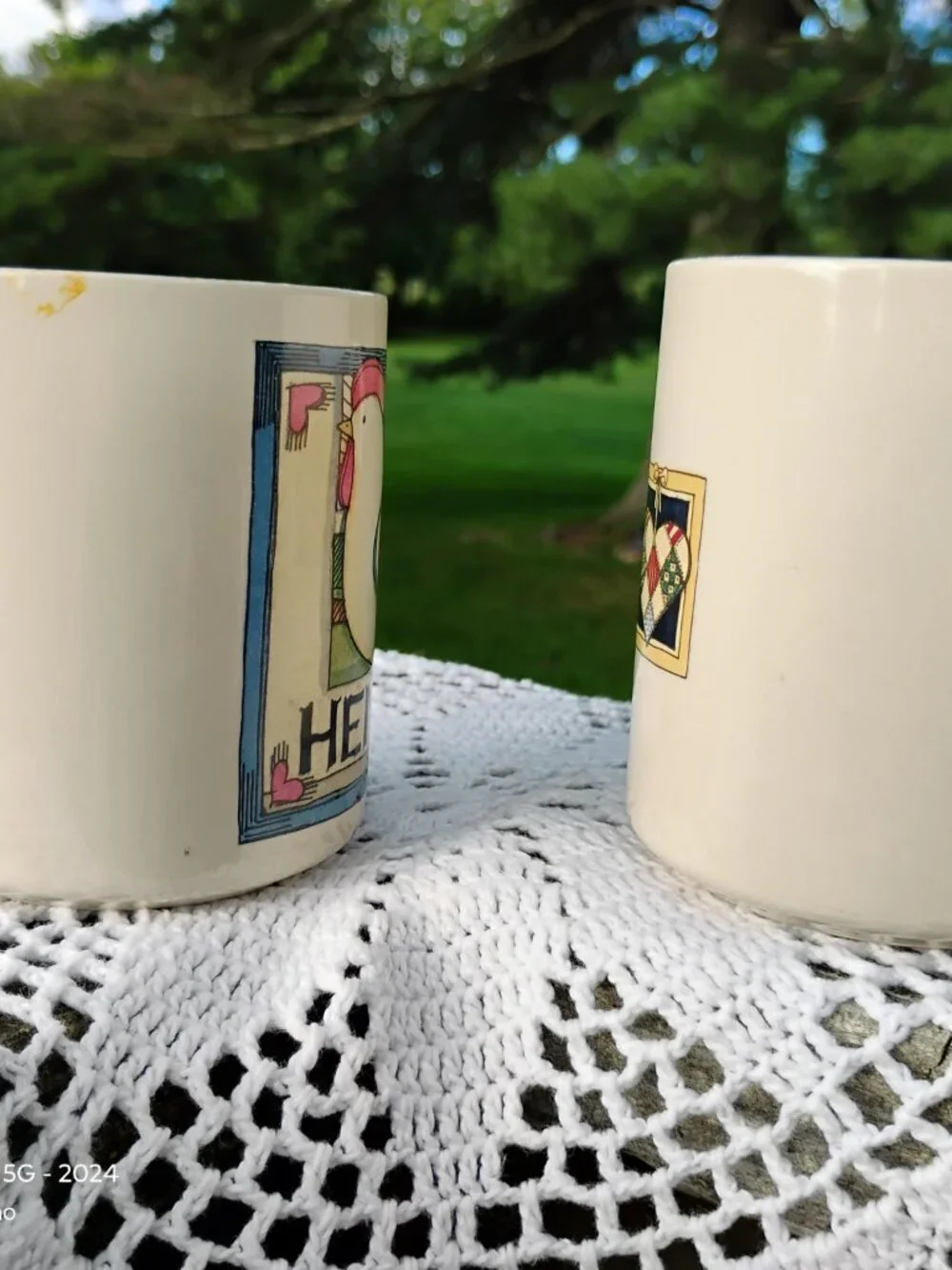 Set of 2 coffee mugs farmhouse style Hen and Cow artist Susan Winget cottagecore